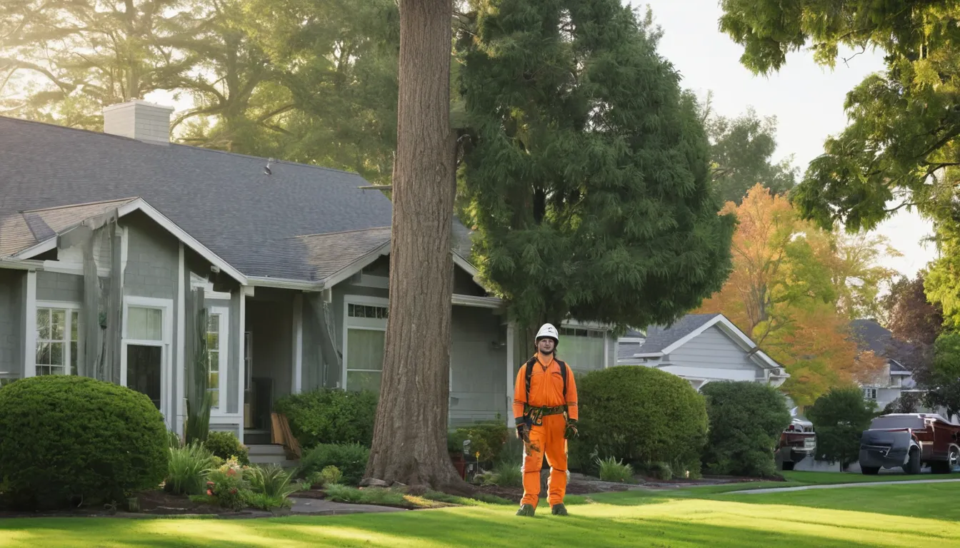 A tree removal provider working safely beside a family home in Bloomington